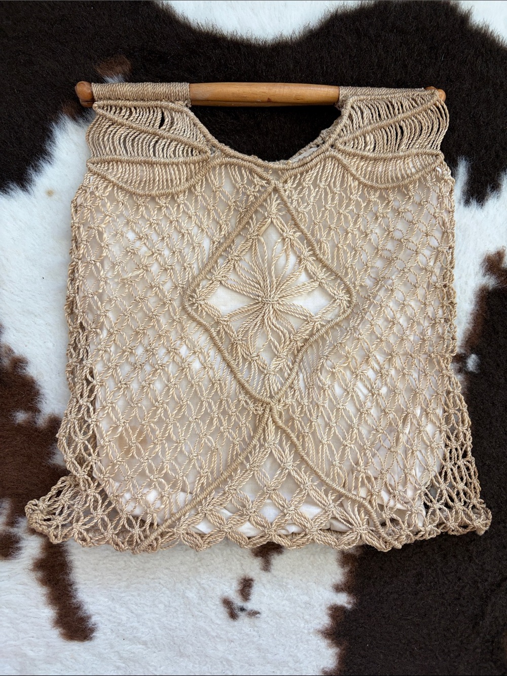Vintage Macramé Bag with Wooden Dowel Handles- Beige